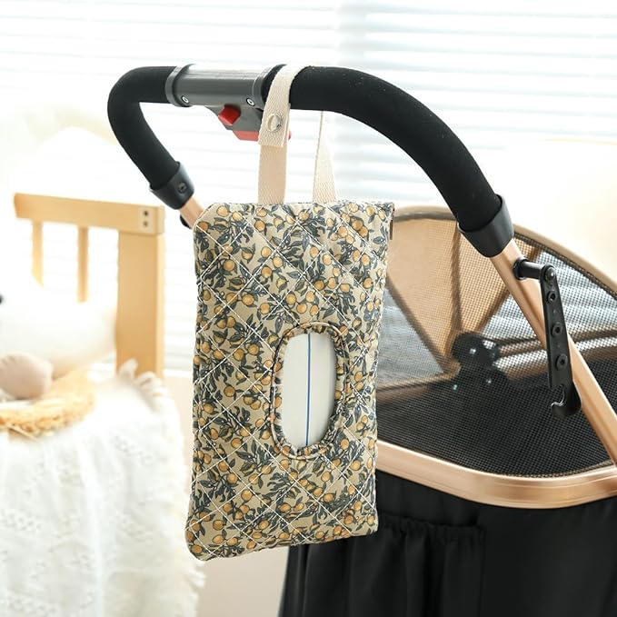 Quilted Baby Diaper and Wipes Pouch Portable Mommy Bag for Stroller Reusable Wipes Pouch with Lanyard for Casual Travel (Beige+Green)