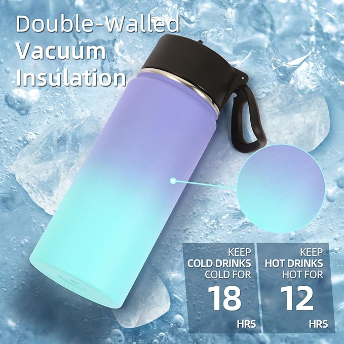 Volhoply Kids Insulated Water Bottle with Straw,16oz Stainless Steel Cold Water Bottles for School,BPA-Free Metal Wide Mouth Cups with Handle,Reusable Double Wall Vacuum Sport Flask(Purple Blue,1)