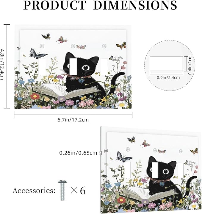 Decorative Switch Plates Cute Cat Wildflowers Boho Flowers Floral 3 Gang Wall Plate Triple Toggle Light Switch Cover Faceplate Electrical Wall Panels For Nursery Kids Room Decor