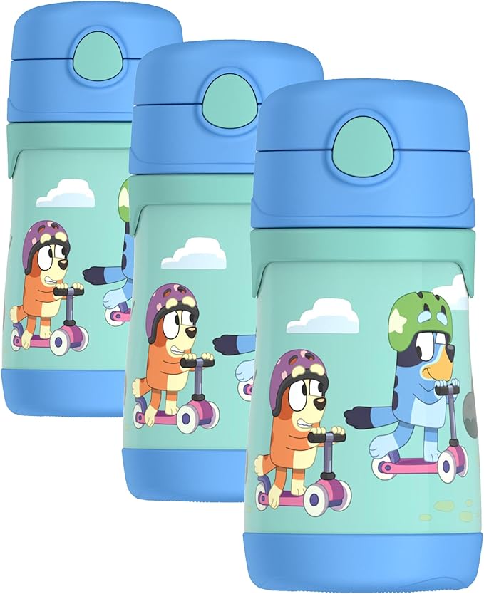 Thermos Baby 10 oz. Stainless Steel Bottle with pop-up straw, Bluey (Pack of 3)