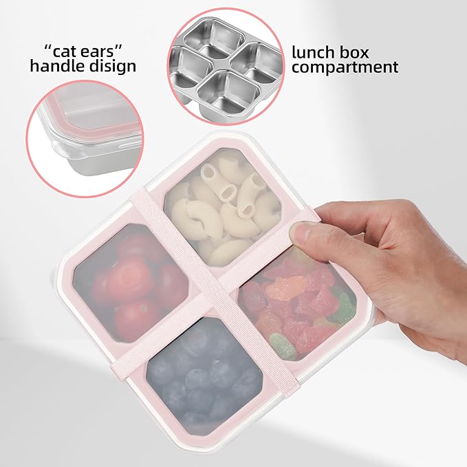 BEFOY 4 Pack Stainless Steel Snack Containers with Lids 4 Compartment Food Storage Containers for Adults & Kids Meal Prep Containers Reusablele (pink, 4)