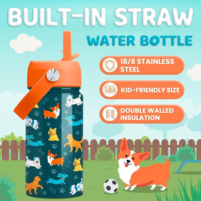 SANDJEST Puppy Water Bottle - Kids Water Bottle with Straw Lid - 12 Oz Insulated Stainless Steel Water Bottles for Kid Boys Girls - Travel Cup for School Sports