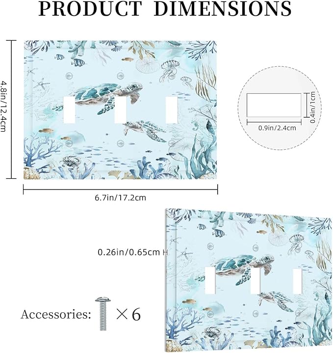 Decorative Switch Plates Teal Blue Ocean Sea Turtle Seabed Plants 3 Gang Wall Plate Faceplate Triple Toggle Light Switch Cover Electrical Wall Panels for Bathroom Kids room Decor