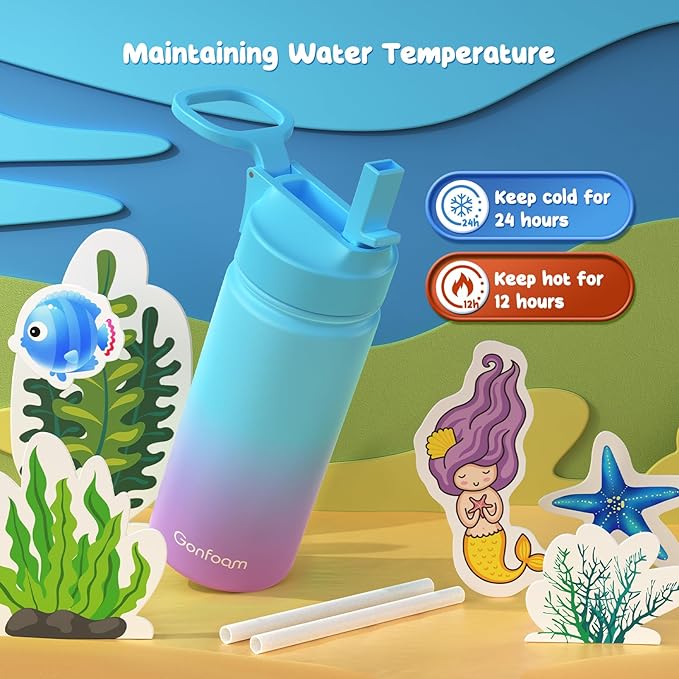 Kids Water Bottle, 2-Pack 16oz Kids Water Bottle with Stickers for School, insulated Stainless Steel Straw Cup(Gray+Blue)