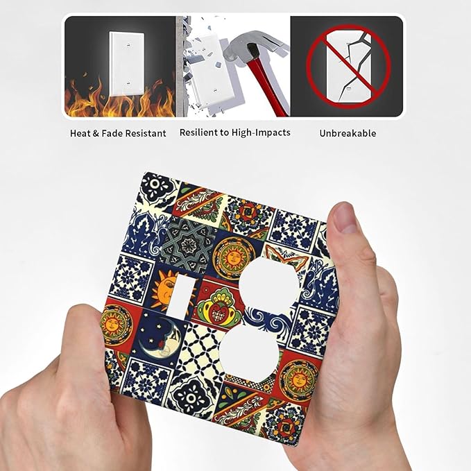 Mystic Boho Blue/Red Hippie Sun and Moon Mosaic 2-Gang 1-Toggle 1-Duplex Device Combination Wallplate Mexican Talavera Tile One Toggle Switch and One Duplex Receptacle Outlet Combo Light Switch Cover
