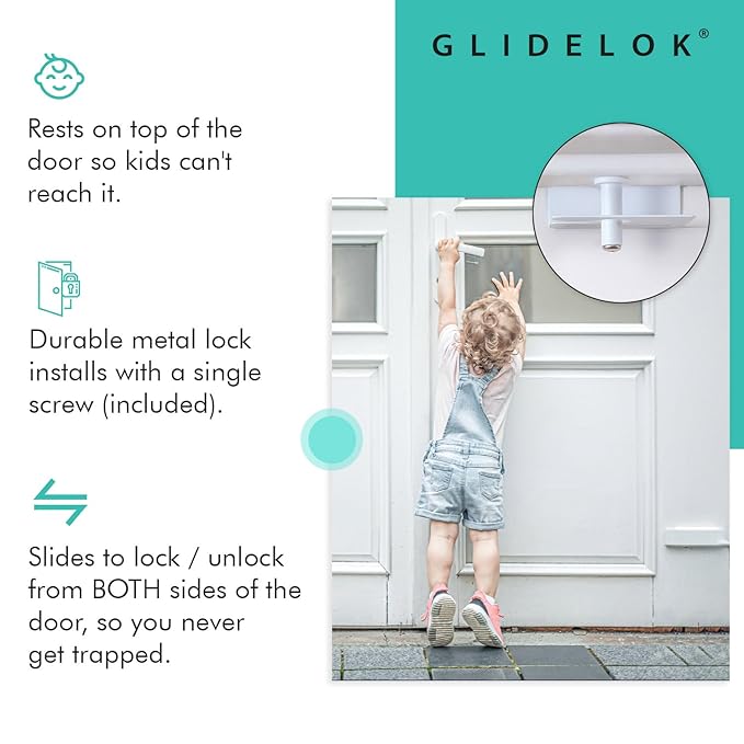 1 Pack – GlideLok Child Safety Door Top Lock | for Interior & Exterior Doors | Lock & Unlock from Both Sides | Stop Kids, Pets, Dogs & Cats from Opening Doors