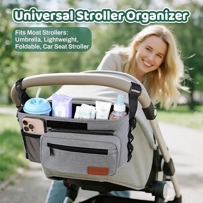 Guiseapue Universal Stroller Organizer with Cup Holder: Baby Essentials, Stroller Caddy with Shoulder Strap, Detachable Phone Bag, Stroller Accessories, Chirstmas New Moms Baby Gifts