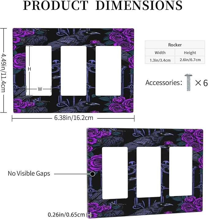 Light Switch Covers Gothic Style Crow Purple Flowers 3 Gang Rocker Electrical GFCI Decorative Triple Outlet Wall Plate Cover Switchplate for Bedroom living Room Decor