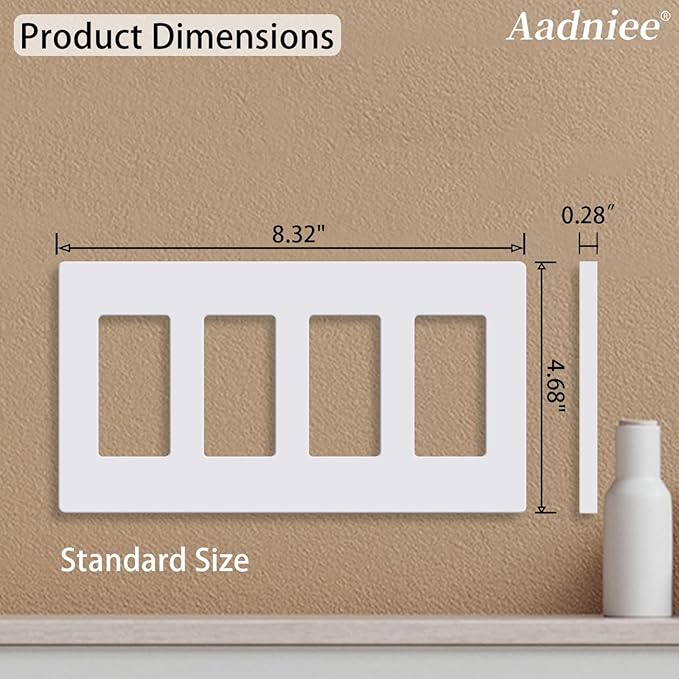 4-Gang Screwless Decorator Wall Plates, Decorative Child Safe Outlet Covers, Standard Size 4.68" x 8.32" Hidden Screw Switch Plate, Unbreakable Thermoplastic (2 Pack, Gloss White)