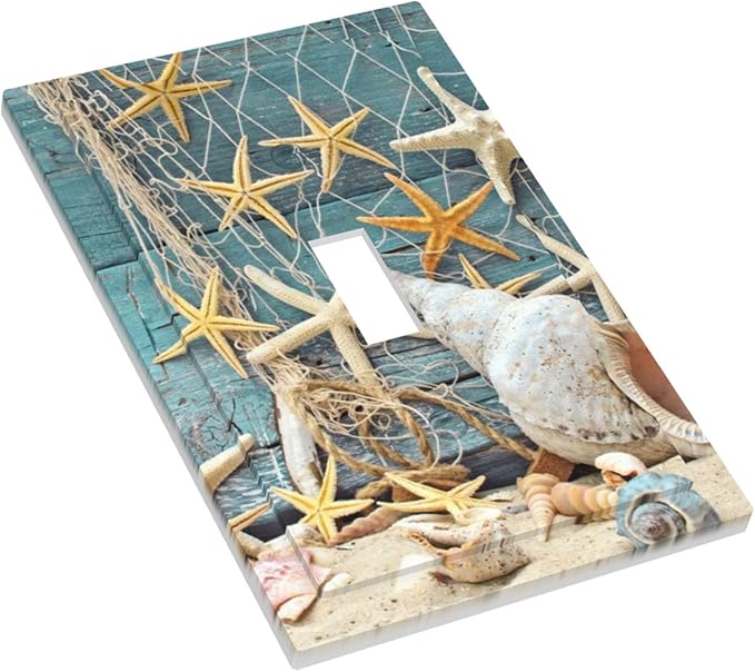Rustic Coastal Seashell 1-Gang Toggle Light Switch Plate, Fisherman's Catch Beach Scene Decorative Wall Plate for Bathroom Decor