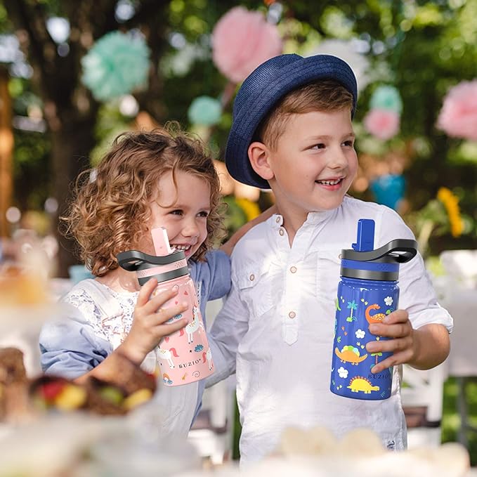 14oz Kids Insulated Water Bottle with 2 Tritan Straw Lids, BUZIO Toddlers Stainless Steel Bottle, Double Walled Wide Mouth Sports Drink Flask Simple Thermo Canteen Cup, with Blue Dinosaur Park