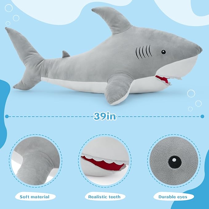 MorisMos 39inch Giant Shark Stuffed Animal, Large Stuffed Shark Plush Toys Pillow Gift for Kids Girlfriend, Gray