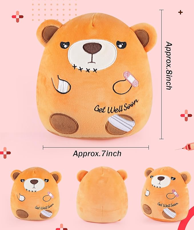 Get Well Soon Gift Bear - Teddy Bear Stuffed Animals with Band-Aid, Kids' Pillow Cushion, Gifts for Patient Girls Boys, Light Brown, 8 Inch