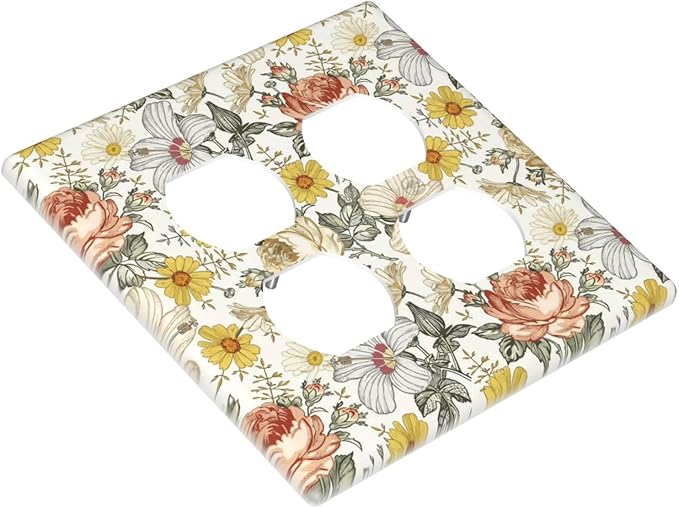Multicolor Peony Daisy Vintage Floral Flower Outlet Covers 2 Gang Double Duplex Decorative Light Switch Covers Electrical Wallplates Socket Faceplate for Bedroom Living Room Decor
