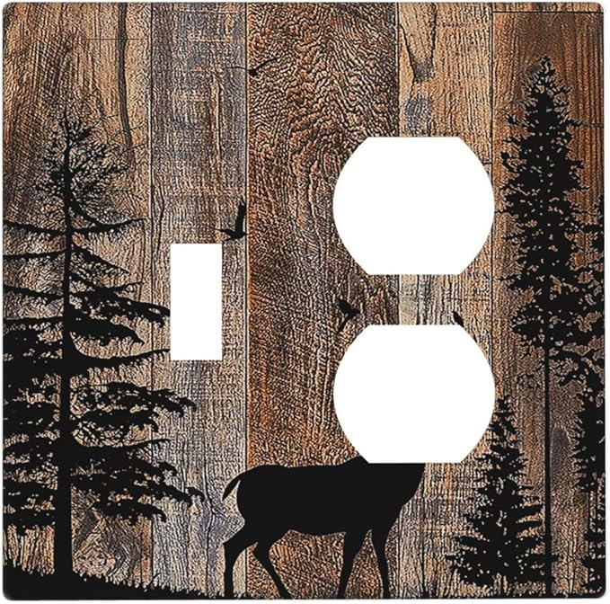 Wallplates Rustic Forest Antler Elk Deer Silhouettes Animals Wood Grain 1 Toggle 1 Duplex Switch Plate Electrical GFCI Faceplate Decorative Light Switch Covers for Farmhouse Home Decor