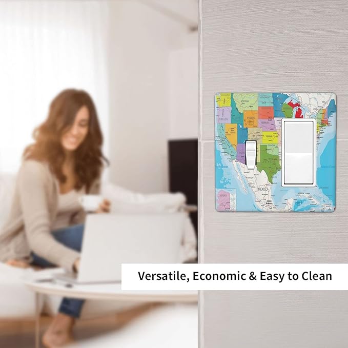 USA Map 2 Gang Single Toggle/Rocker Combination Light Switch Cover Decorative Wall Plate Faceplate Boys Kids Teen Girl Bedroom Room Decorate 4.5" x 4.5