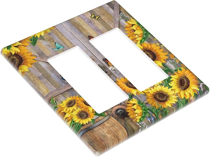 Rustic Sunflower Barn Door Country Wood Plank 2 Gang Rocker Decora Light Switch Covers Decorative Outlet Covers Wall Plate Electrical Faceplate Switchplate GFCI for Farmhouse Bathroom Bedroom Decor