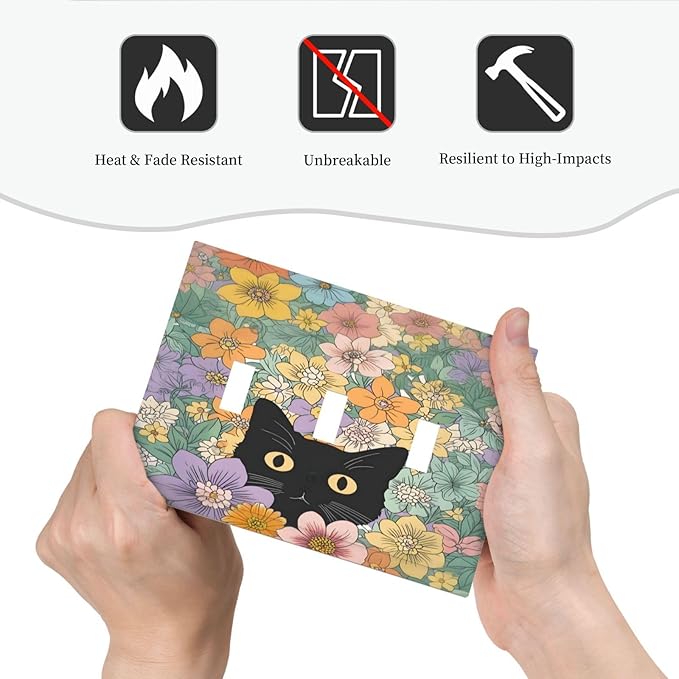 Decorative Switch Plates Funny Cute Cartoon Cat Floral Colorful Flower 3 Gang Wall Plate Triple Toggle Light Switch Cover Faceplate Electrical Wall Panels For Kids Room Nursery Decor