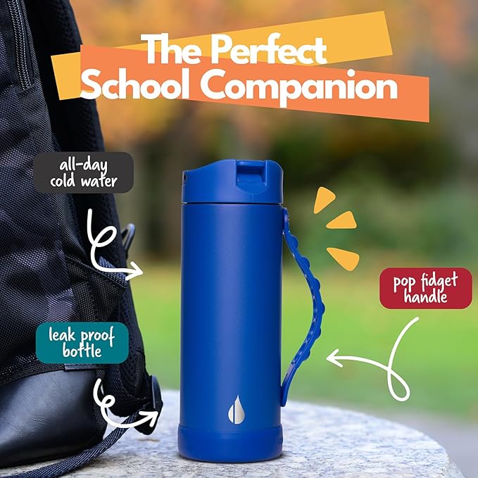 Elemental Iconic Kids Water Bottle for School - 100% Leak-Proof Insulated Water Bottles with Straw Lid & Pop-It Handle for Boys & Girls - Triple-Wall Insulated & BPA-Free, 14oz – Royal Blue