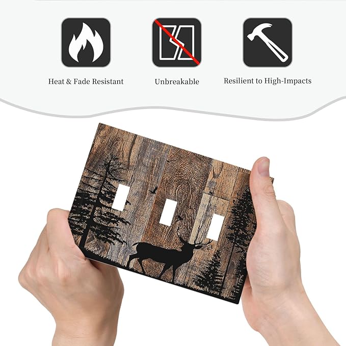 Decorative Switch Plates Rustic Forest Antler Elk Deer Silhouettes Animals Wood Grain 3 Gang Wall Plate Faceplate Triple Toggle Light Switch Cover Electrical Wall Panels for Farmhouse Home