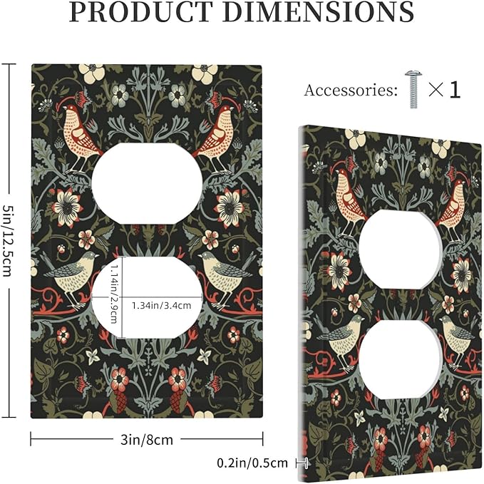 Vintage Birds Berries Mid Century Floral Flower Outlet Covers 1 Gang Duplex Light Switch Cover Decorative Switch Plates Electrical Receptacle Faceplate Wall Plate for Bedroom Living Room Decor
