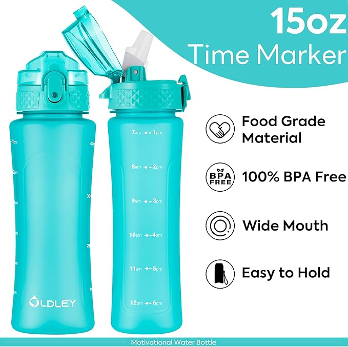 OLDLEY Kids Water Bottle for School with Straw Chug Lid, 15 oz Unbreakable Leak-Proof BPA-Free Motivational Water Bottles with Time Marker for Travel Sports Gym, 2 Lids,Mint