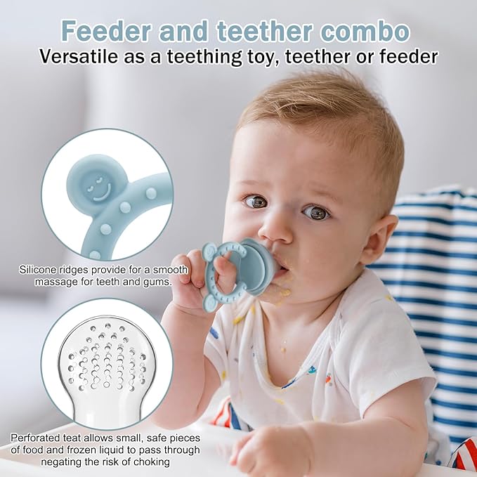 MISSLILI Baby Silicone Fruit Food Feeder Pacifier & Breastmilk Popsicle Freezer Molds,BPA Free Baby Food Storage Containers Frozen Ice Tray for Baby Feeding Safely, Infant Fruit Teething Toy (Blue)