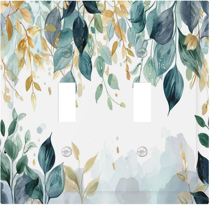 Boho Goldgreen Leaf Botanical Eucalyptus Leaves Decorative Switch Plates 2 Gang Double Toggle Outlet Light Switch Cover Wall Plate Electrical Faceplate for Bedroom Living Room Decor