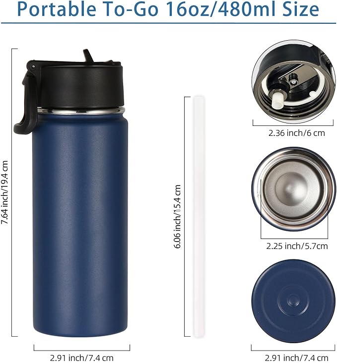 Volhoply Kids Insulated Water Bottle with Straw,16oz Stainless Steel Cold Water Bottles for School,BPA-Free Metal Wide Mouth Cups with Handle Lid,Reusable Double Wall Vacuum Sport Flask(Navy,1)