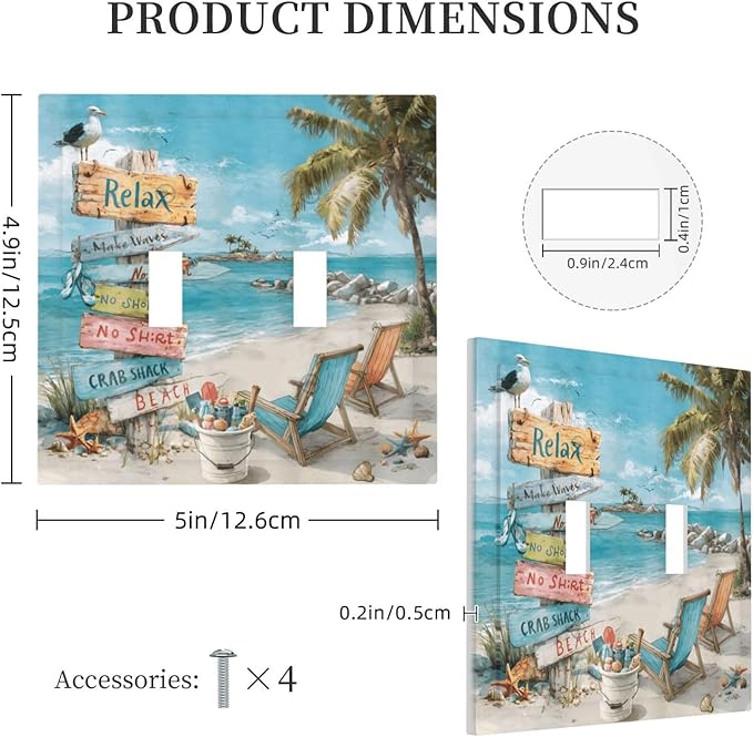 Ocean Beach Tropical Palm Tree Coastal Seaside Decorative Switch Plates 2 Gang Double Toggle Outlet Light Switch Cover Wall Plate Electrical Faceplate for Kids Room Living Room Decor