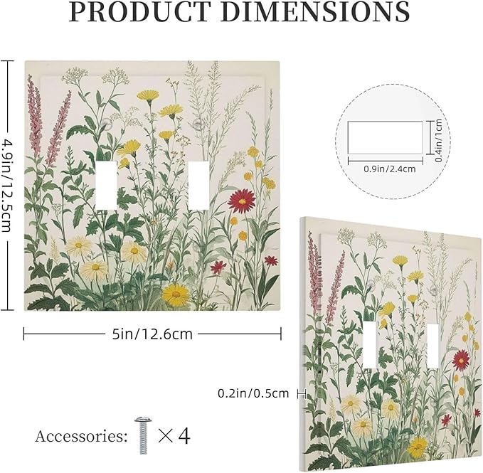 Rustic Wildflower Green Plants Daisy Floral Decorative Switch Plates 2 Gang Double Toggle Outlet Light Switch Cover Wall Plate Electrical Faceplate For Farmhouse Bed Room Decor