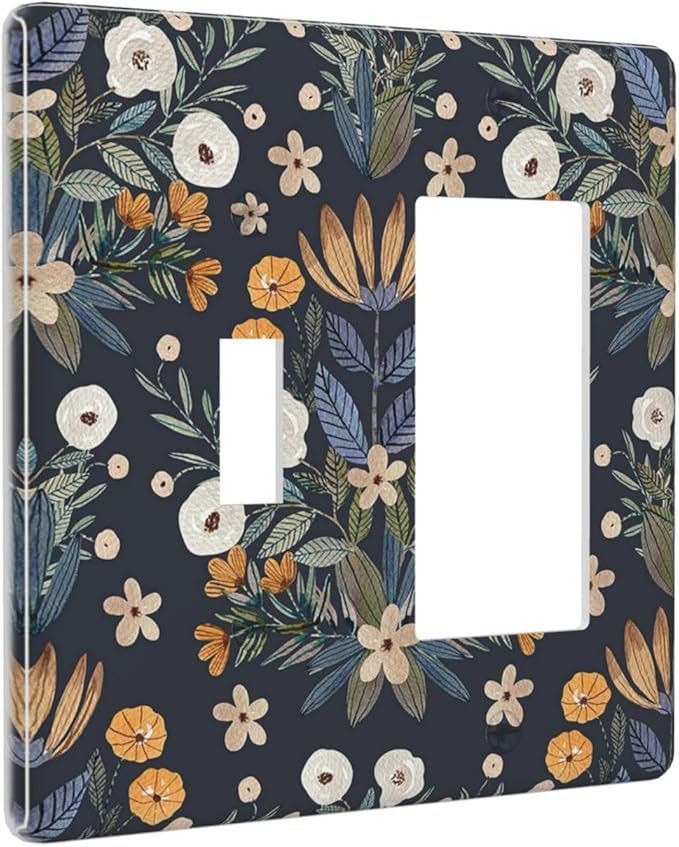 Boho Leaf Floral Navy Blue Background 2 Gang Single Toggle Rocker Combination Light Switch Covers Wall Plate Cover Electrical Faceplate Decorative Switchplate for Farmhouse Bedroom Bedroom Decor