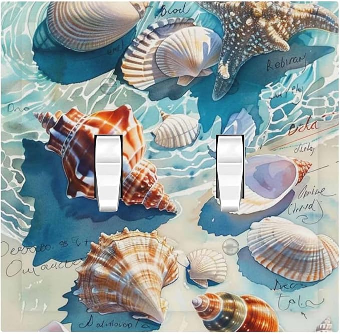 Decorative Switch Plates Ocean Waves Starfish Conch Scallop Shell 2 Gang Double Toggle Outlet Light Switch Cover Wall Plate Electrical Faceplate For Kids Room Nursery Decor