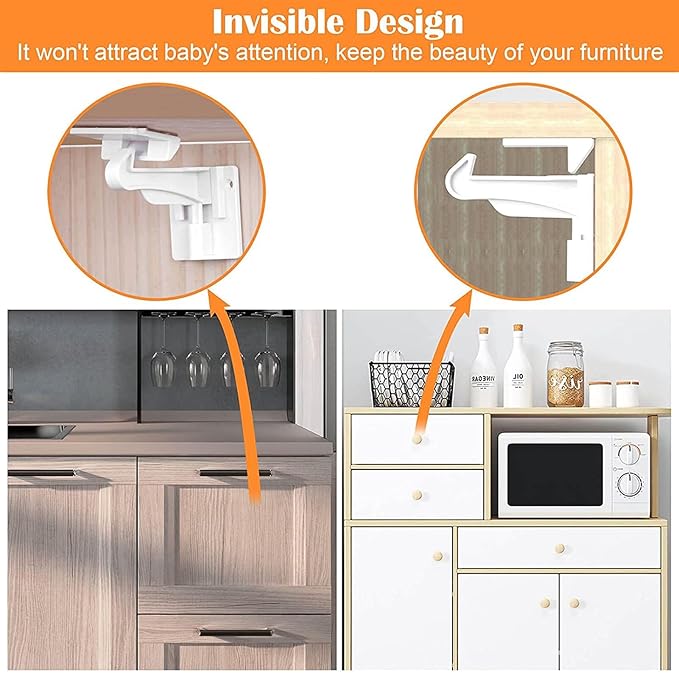 12 Pack Upgraded Invisible Baby Proofing Cabinet Latch Locks - No Drilling or Tools Required, Children Proof Cupboard Drawers Latches, Works with Most Cabinets and Drawers - Adhesive Easy Installation