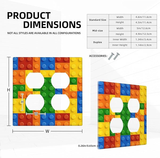 Building Blocks Theme Colored Bricks Print Outlet Covers 2 Gang Double Duplex Decorative Light Switch Covers Electrical Wallplates Socket Faceplate for Room Office Home Decor
