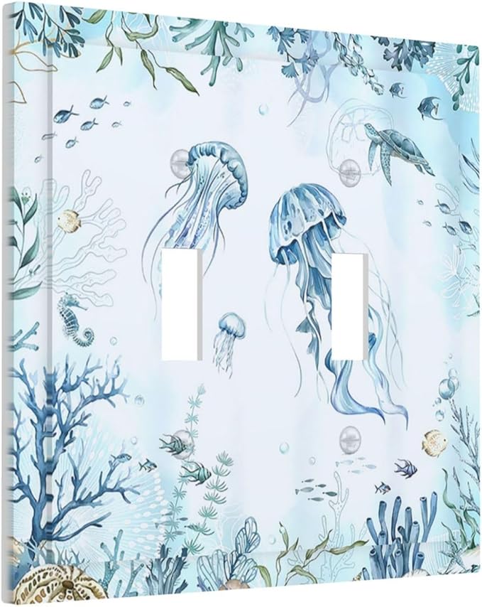 Decorative Switch Plates Jellyfish Teal Blue Ocean Turtle Coastal Beach 2 Gang Double Toggle Wall Plate Outlet Light Switch Cover Electrical Faceplate for Bedroom Bathroom Decor