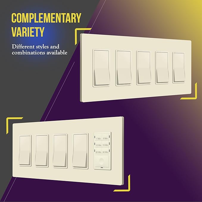 ENERLITES Screwless Decorator Wall Plate Child Safe Outlet Cover, Size 5-Gang 4.68" H x 10.14" L, Unbreakable Polycarbonate Thermoplastic, SI8835-LA, Glossy, Light Almond