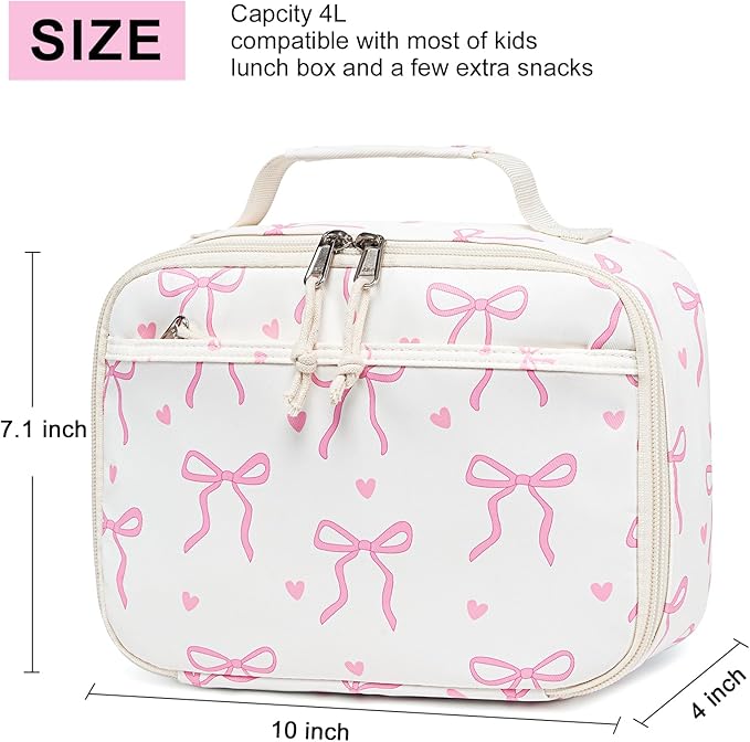 LOIDOU Insulated Lunch Bag for Kids Girls, Cute Bow Insulated Lunch Box Bag for Toddler, Womens Small Lunch Tote, Lunch Box Containers for School Work Picnic, Pink