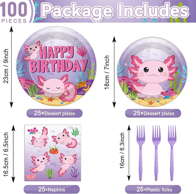 100 Pcs Axolotl Birthday Party Supplies Pink Axolotl Disposable Paper Plates Forks Tableware Sets Cute Cartoon Reptile Animals Happy Birthday Decorations for Kids Girls Baby Shower Serve 25 Guests