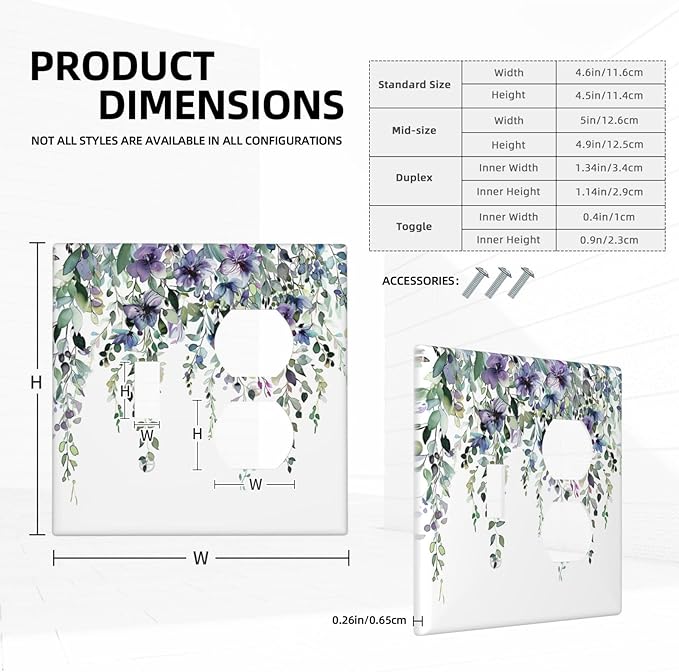 Outlet Covers Blue Purple Eucalyptus Leaves Boho Botanical 2 Gang Decorative Switch Plates 1 Toggle Duplex Combo Light Switch Cover GFCI Socket Cover WallPlates for Bathroom Home Decor