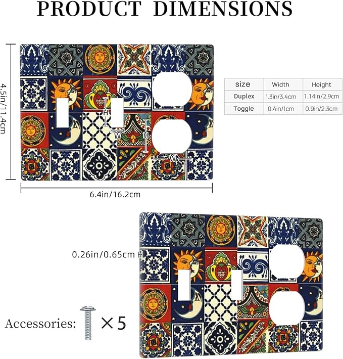 Colorful Boho Mexican Tiles 3-Gang 2-Toggle 1-Duplex Receptacle Combination Light Switch Decorative Mandala Moon and Sun Witchy Gothic Triple Combo Device Switches/Rocker Outlet Covers and Wall Plate