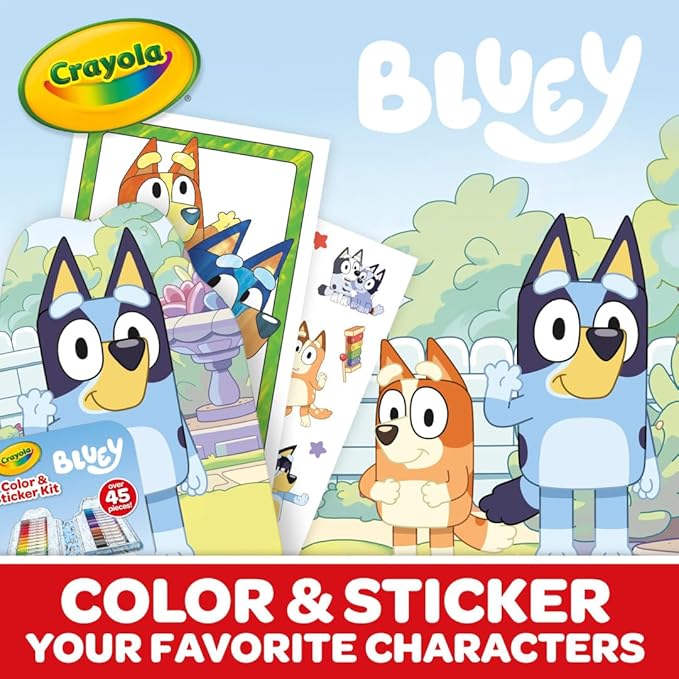 Crayola Bluey Art Kit for Kids (45pcs), Bluey Coloring Book Pages & Stickers for Kids, Arts & Crafts Set, Toys for Girls & Boys, Gift, 4+