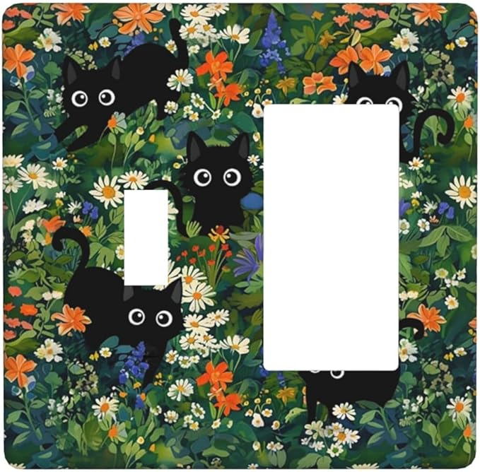 Cute Cool Funny Black Boho Cat 2 Gang Combination 1-Toggle 1-Decorator/Gfci Device Wall Plates Fun Cartoon Kid Boy Girl Forest One Rocker with Toggle Combo Light Switch Plates and Socket Outlet Covers