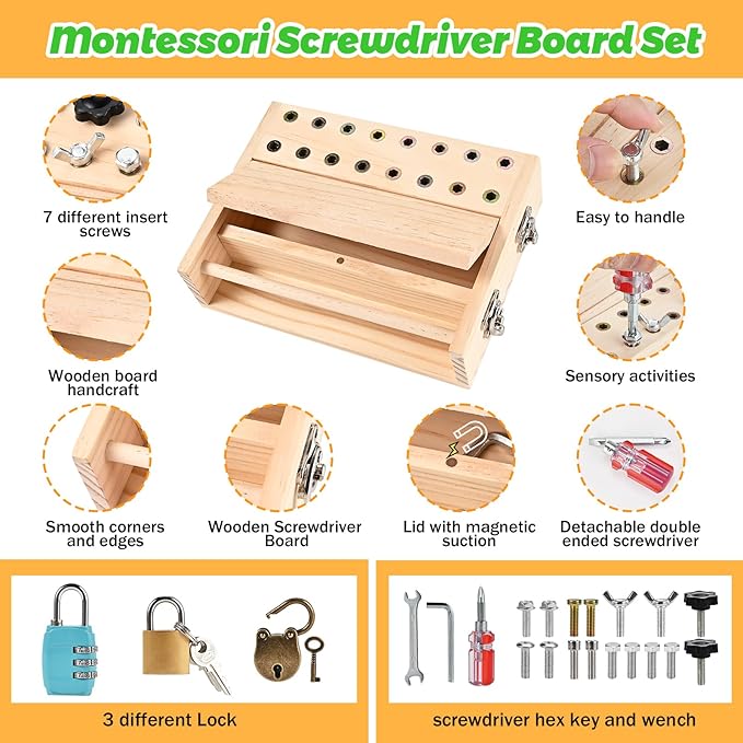 Montessori Screwdriver Board Set, Montessori Toys for 3 4 5 with 3 Lock and Keys, Toddler Screwdriver Toy, Kids Tool Set, Preschool Learning Sensory Toy, Fine Motor Skills Toys