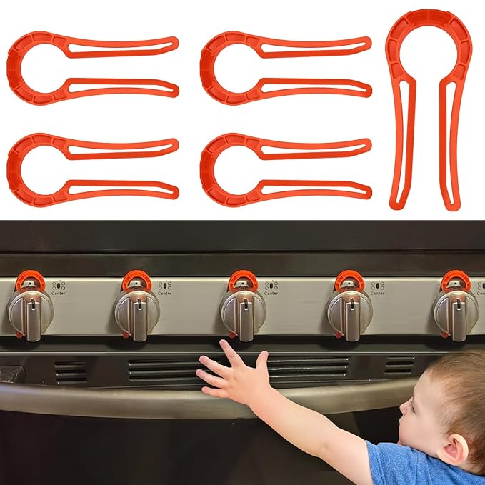 Stove Knob Lock for Child Safety and Proofing (5 Pack), Oven Knob Safety Covers for Kids and Pets(RED)