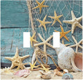 Coastal Nautical Seashell Turquoise Wooden Board Sand Blue Wood Planks Starfish Double Toggle Light Switch Cover 2-Gang Electrical Wall Plate Jumbo Size Receptacle Outlet Cover Faceplate Switchplate