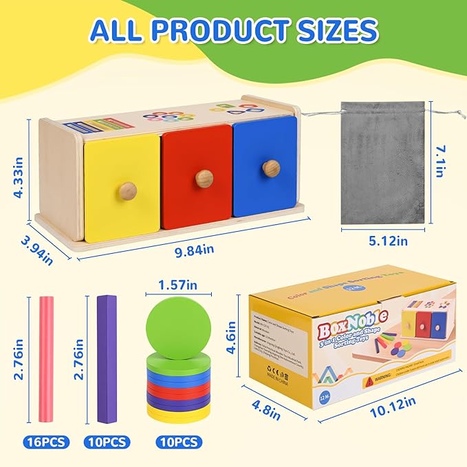 Toddler Montessori Toys, 3-in-1 Wooden Color & Shape Sorting Learning Matching Box Toy for Baby Toddlers 1 2 3 Year Old