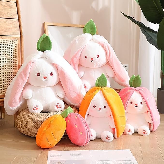 2PCS Reversible Carrot Strawberry Bunny Plush with Zipper, Easter Bunny Stuffed Animal Toy, Cute Rabbit Plushie Birthday Gift for Boys Girls Kids (1pcs 13.8" Carrot)