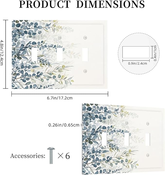 Decorative Switch Plate Cover with Green & Blue Watercolor Eucalyptus Botanical Foliage Design 3 Gang Artistic Wall Plate Unique Triple Toggle Light Switch Covers for Living Room Decor
