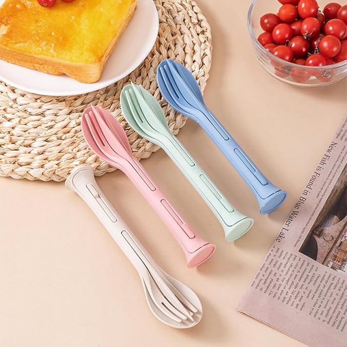 3PCS Wheat Straw Cutlery, Reusable Utensils Set Portable Travel 3 in 1 Spoon Fork Knife Tableware, Eco-Friendly, BPA Free, Flatware for Kids Adults, Travel Picnic Camping (Green)